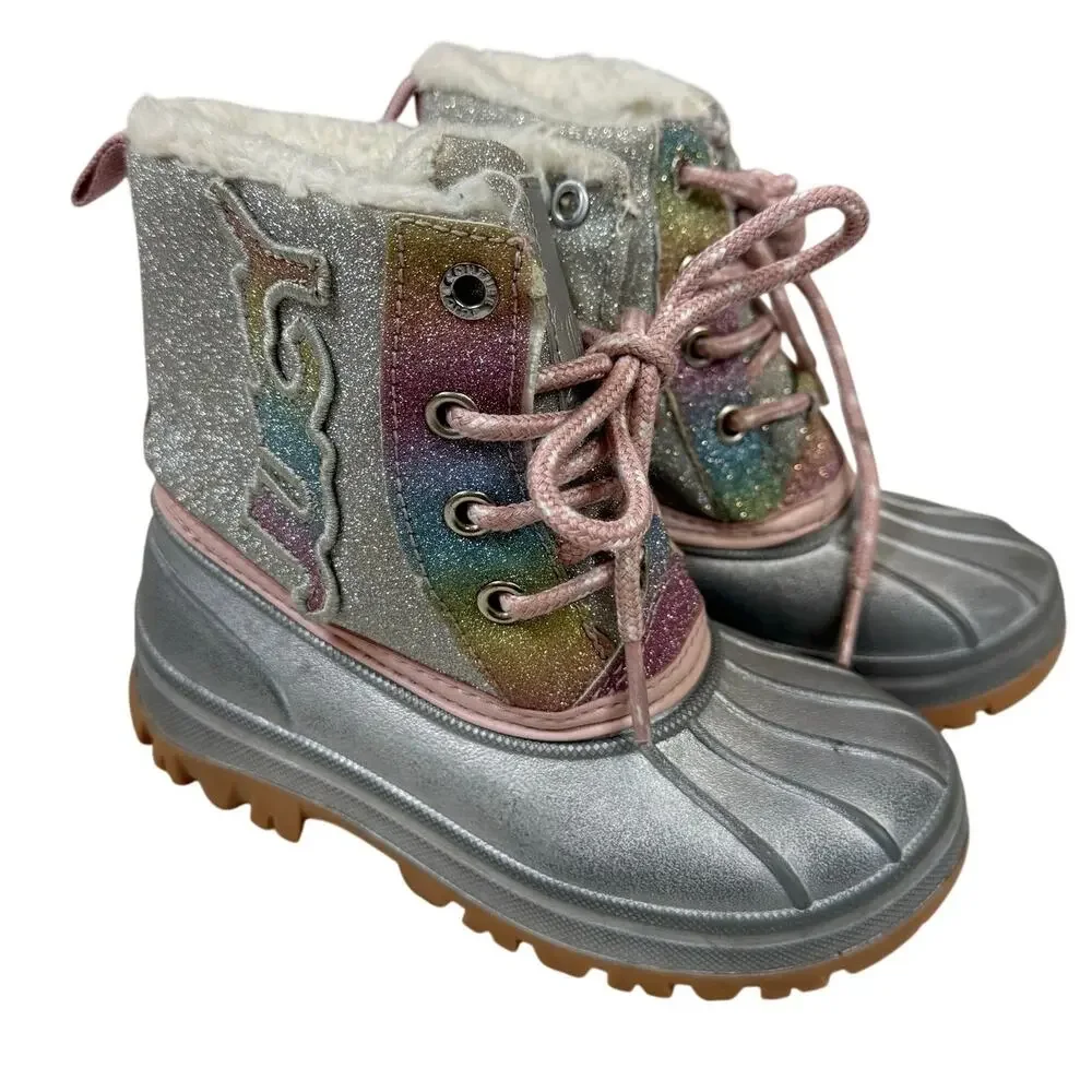 Juicy Couture Silver Glitter Rainbow Snow Winter Boots Girls Toddler 10 Faux Fur